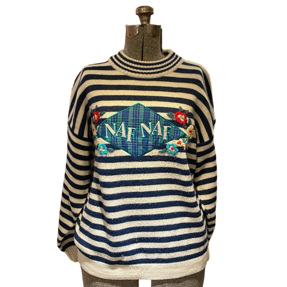 Vintage Naf Naf Wool Blend Embroidered Striped Sweater 🐑